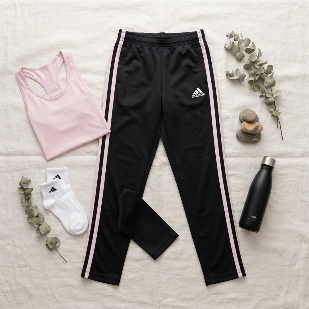 Adidas Girls Black Pink 3-Stripe Track Pants Joggers Size 7 Athletic Activewear